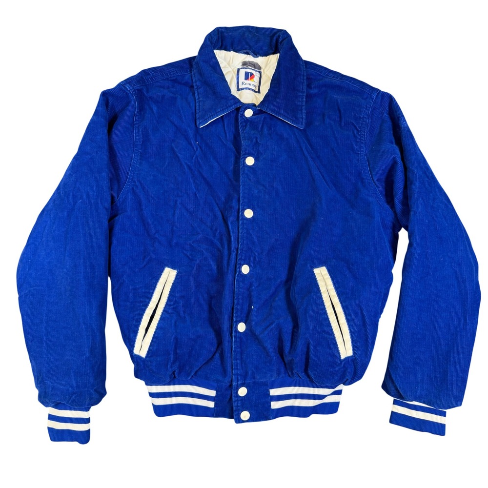 Vintage Rennoc Corduroy Varsity Jacket Blue Wareham Script Mens Medium USA Made